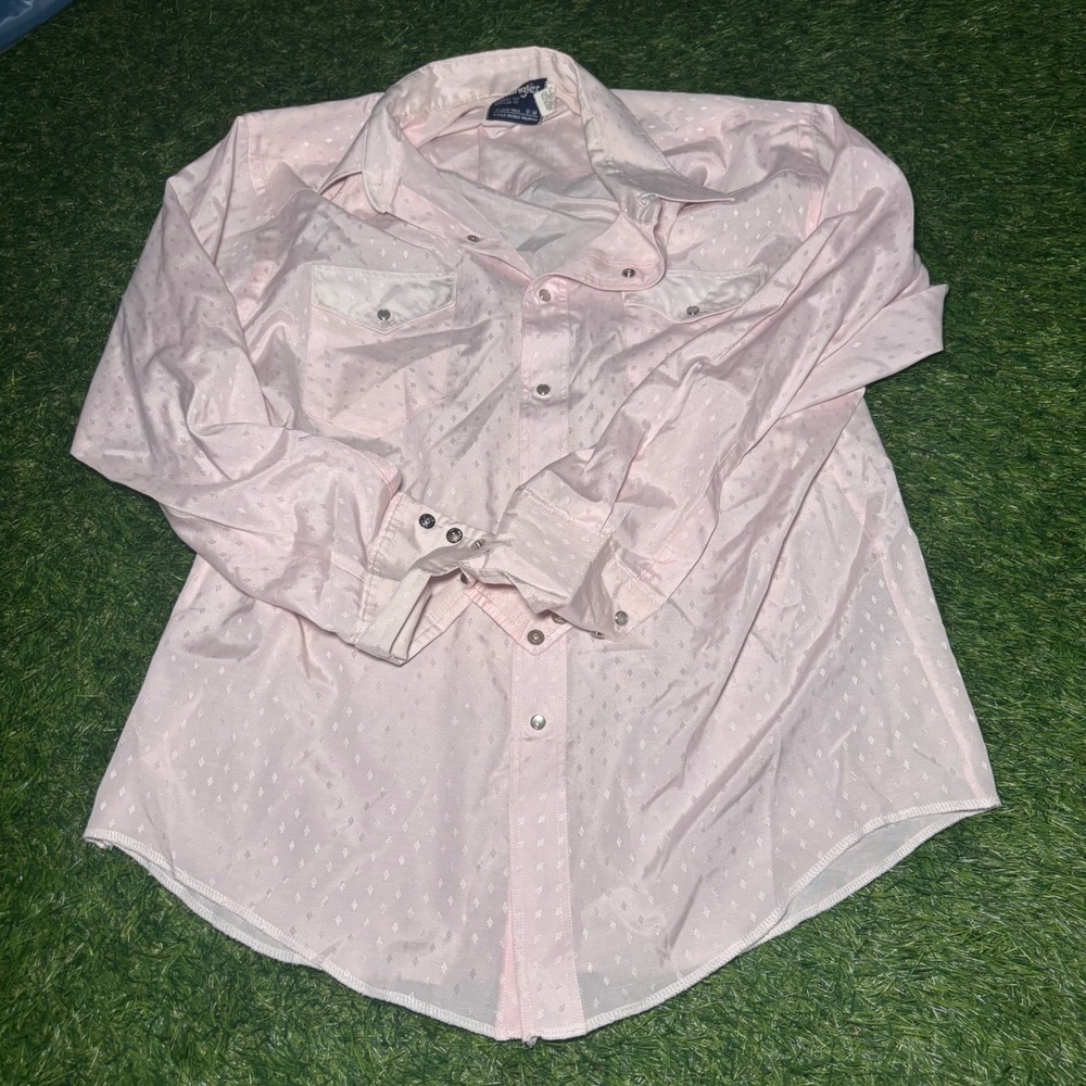 Vintage Wrangler Cowboy Cut Pink Diamond Jacquard Western Snap Shirt 17-34 USA